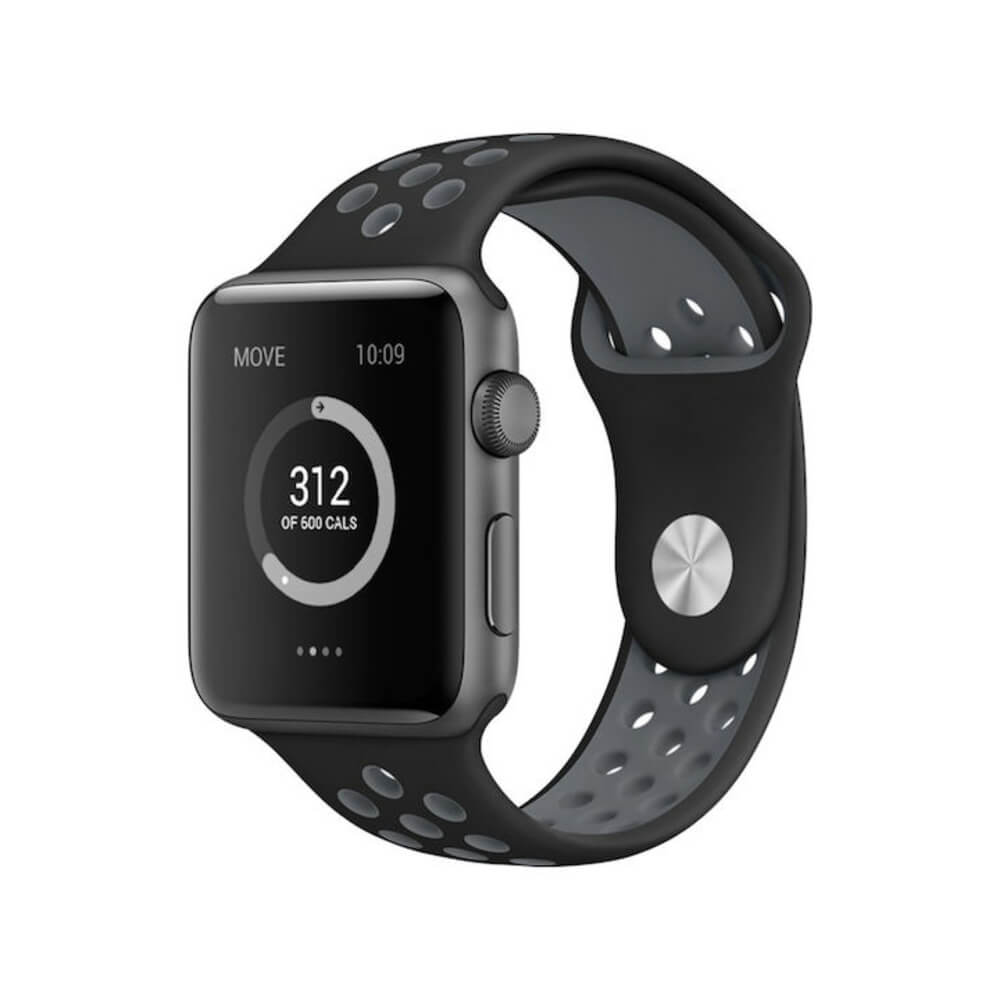 ΛΟΥΡΑΚΙ ΣΙΛΙΚΟΝΗΣ ΜΑΥΡΟ/ΓΚΡΙ ΓΙΑ APPLE WATCH 42/44/45/49mm ΜΕ ΚΟΥΜΠΩΜΑ PIN 